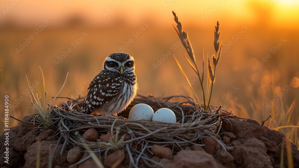 Obraz premium Burrowing Owl Nest at Sunrise, Handheld 500mm Telephoto Wildlife Photography in African Savannah Grassland