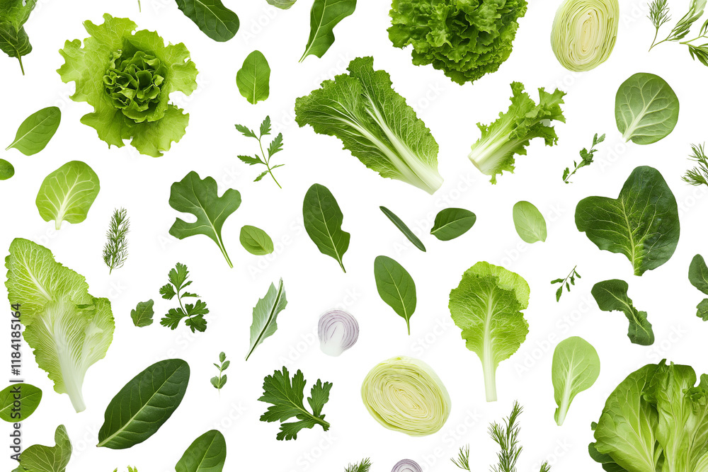 Assorted salad greens with curly lettuce, romaine, and baby spinach, floating on a white background, isolated with clipping path, ultra-clear textures, and perfect lighting