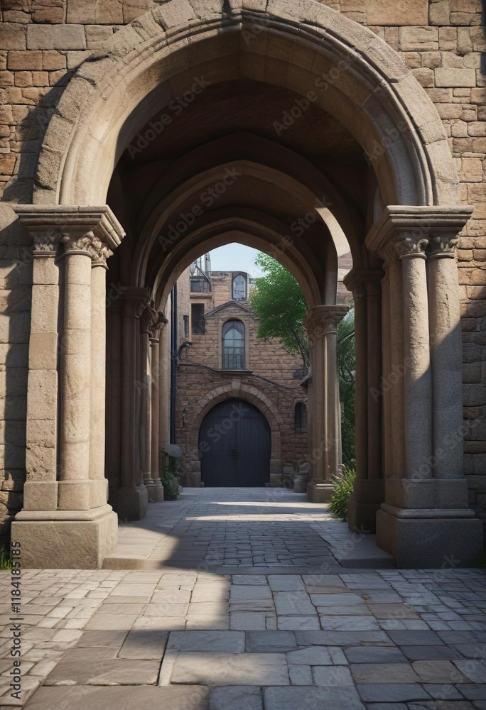 Obraz premium Stone arched entrance under pedestrian walkway , path, stone