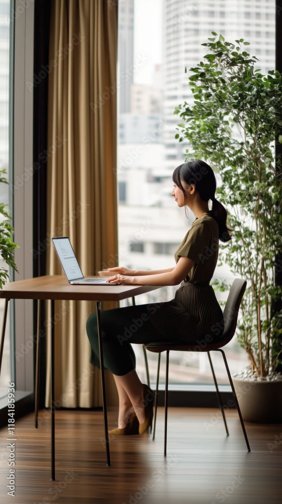 A woman is sitting at a desk with a laptop in front of her A woman is sitting at a desk with a laptop in front of her