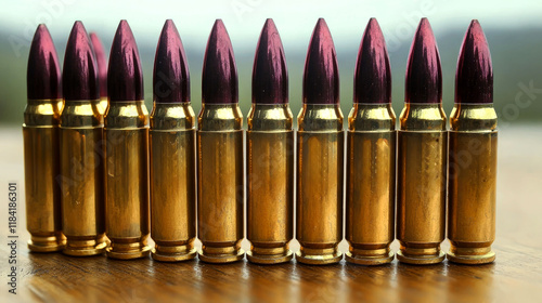 Close-up of a row of gleaming bullets, ready for the range.  Precision and power in every round. photo