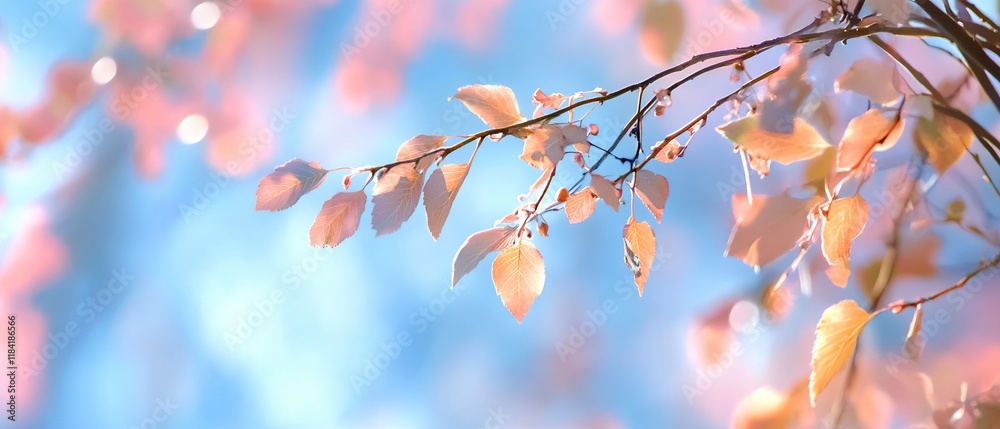 Serene Autumn Leaves Gently Falling Against a Soft Blue Sky Backdrop Serene Autumn Leaves Gently Falling Against a Soft Blue Sky Backdrop