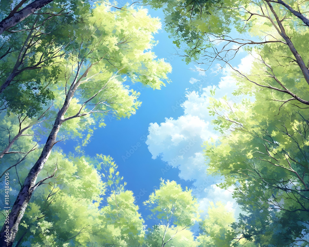 Summer sky seen through lush green trees, peaceful nature scene, idyllic background for relaxation or travel Summer sky seen through lush green trees, peaceful nature scene, idyllic background for relaxation or travel