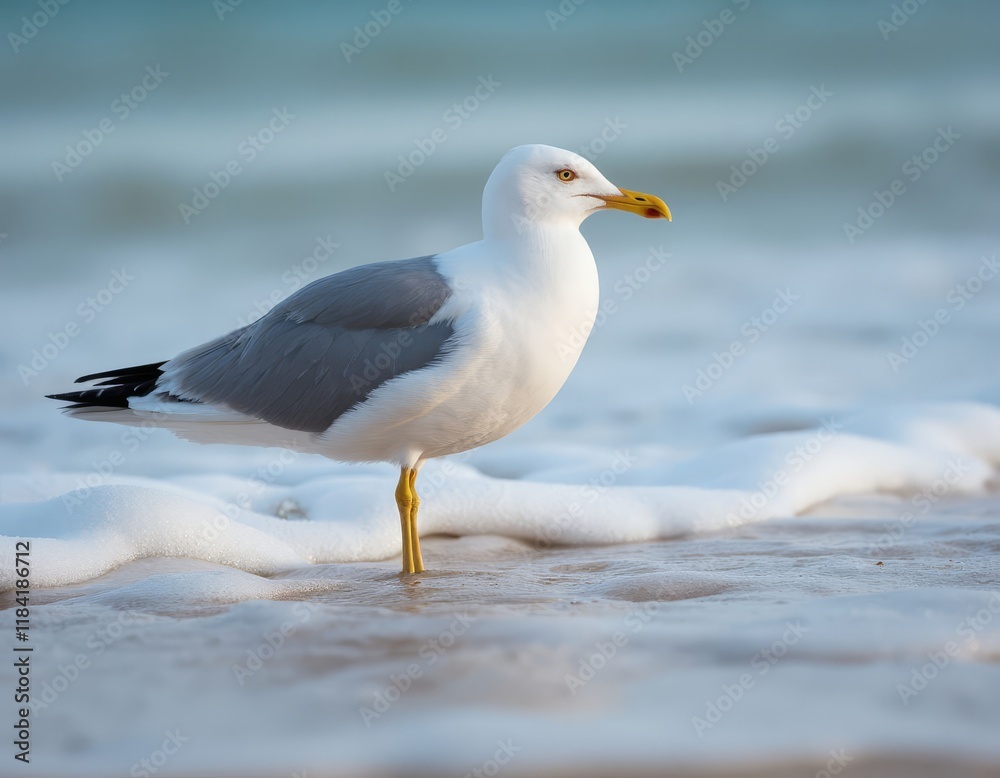 Seagull with white and gray feathers on beach with foam waves Seagull with white and gray feathers on beach with foam waves