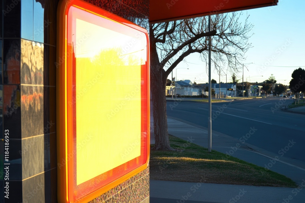 Brightly illuminated sign contrasts against serene street, showc