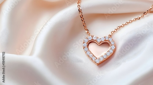 A rose gold necklace featuring a heart-shaped pendant encrusted with small diamonds on a soft flowing fabric