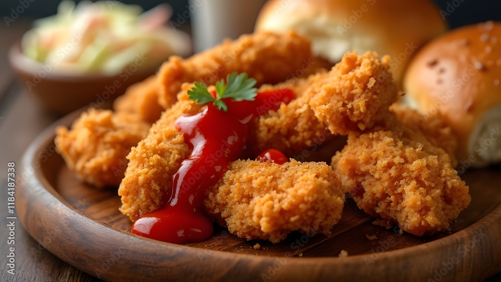 Crispy Golden Fried Chicken Nuggets with Ketchup, Coleslaw, and Dinner Rolls - Rustic Wooden Plate Crispy Golden Fried Chicken Nuggets with Ketchup, Coleslaw, and Dinner Rolls - Rustic Wooden Plate
