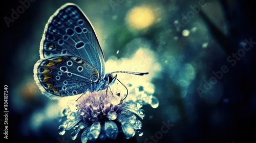Delicate Butterfly Perched on Flower with Dewdrops in Soft Light