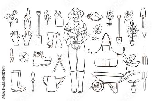 Set of garden contour doodle elements. The girl gardener holds a flower in her hands. Black and white elements for garden centers website design, flyers, booklets.