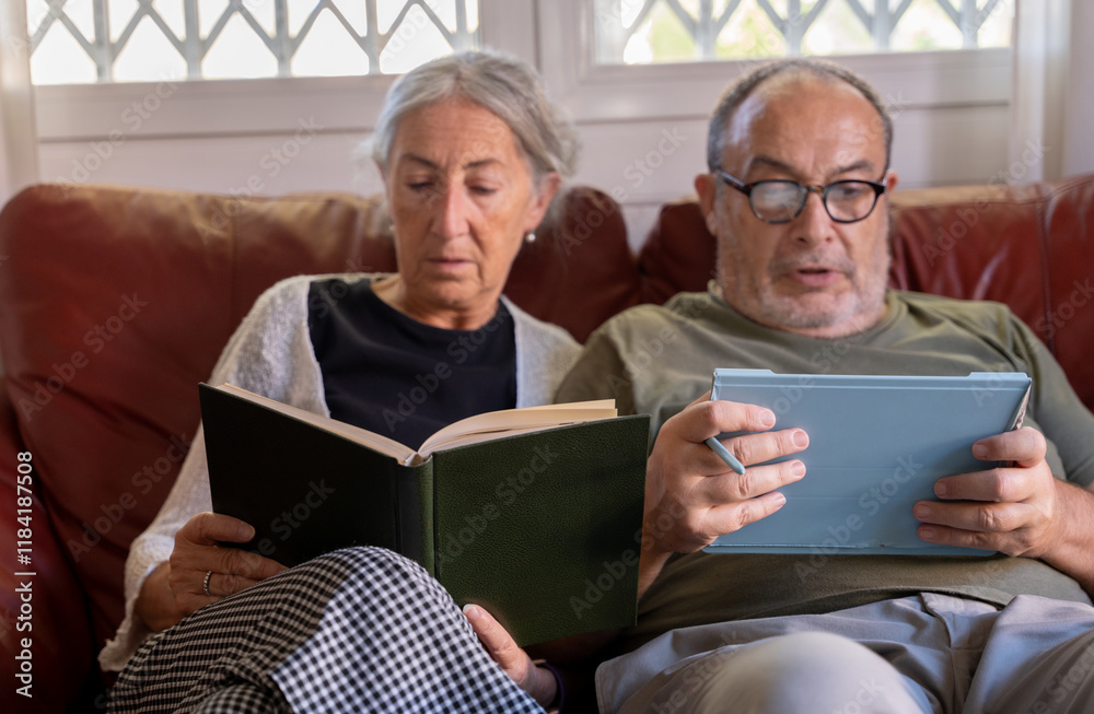 Retired couple enjoying reading: balancing tradition and innovation Retired couple enjoying reading: balancing tradition and innovation