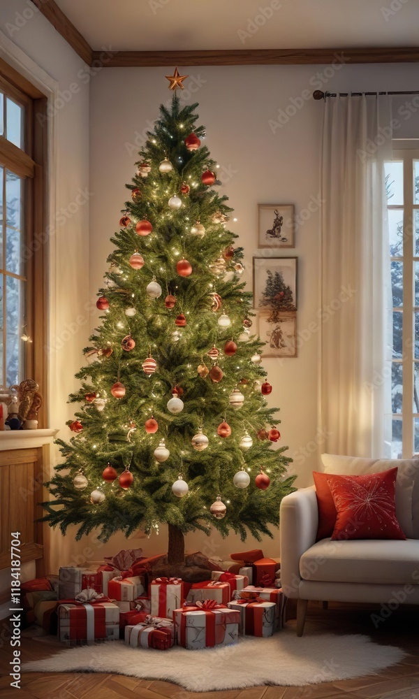 Decorated spruce Christmas tree with ornaments and lights in a cozy living room, living room, cozy room, christmas decor Decorated spruce Christmas tree with ornaments and lights in a cozy living room, living room, cozy room, christmas decor