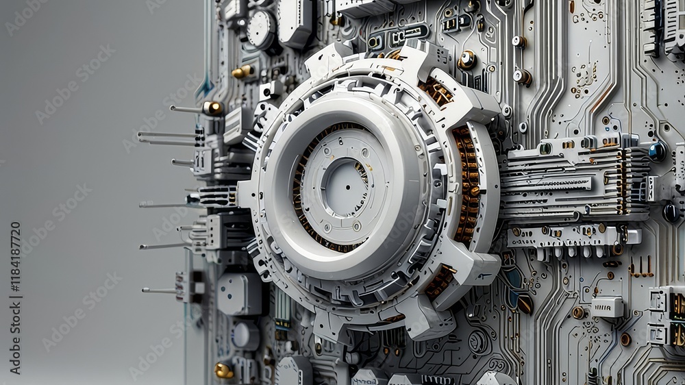 Fototapeta premium white_gear2_finalAbstract 3D gear with digital circuits and arrows on a white background and copy space. Futuristic technology concept for mechanical engineering and innovation design.