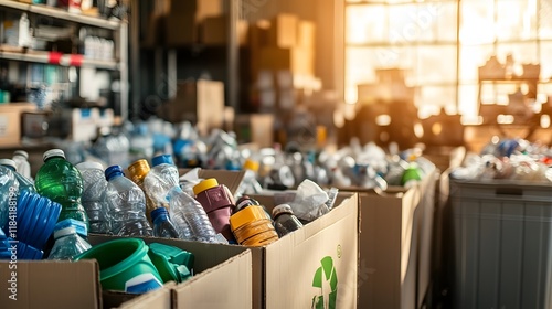 Cardboard boxes overflowing with sorted plastic bottles and containers in a recycling center 