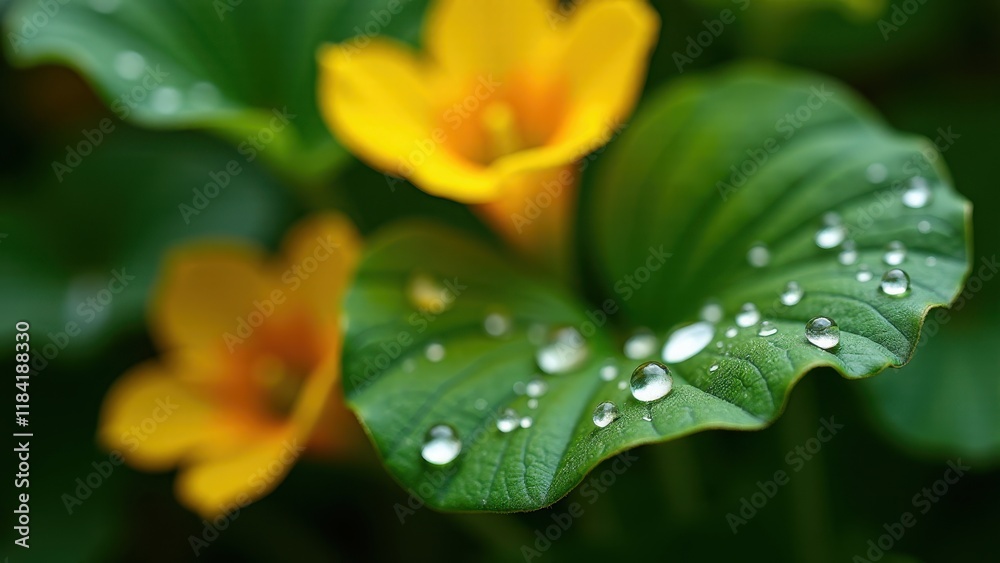 Fototapeta premium Bright Yellow Flower with Dew Drops on a Green Leaf Background