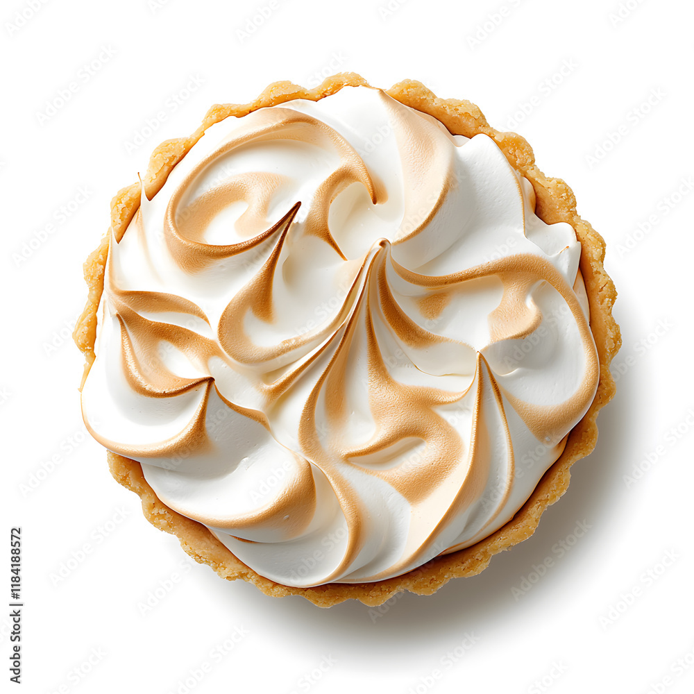 Top view meringue tart with crispy crust and fluffy meringue topping on a clean white background Top view meringue tart with crispy crust and fluffy meringue topping on a clean white background