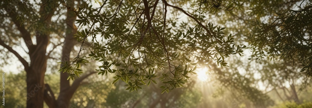 Fototapeta premium Soft light filters through fever tree foliage, soft light, sunlit trees, natural ambiance