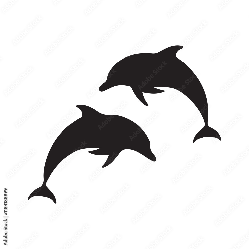 Fototapeta premium Black Two dolphins silhouette vector illustration on white background.