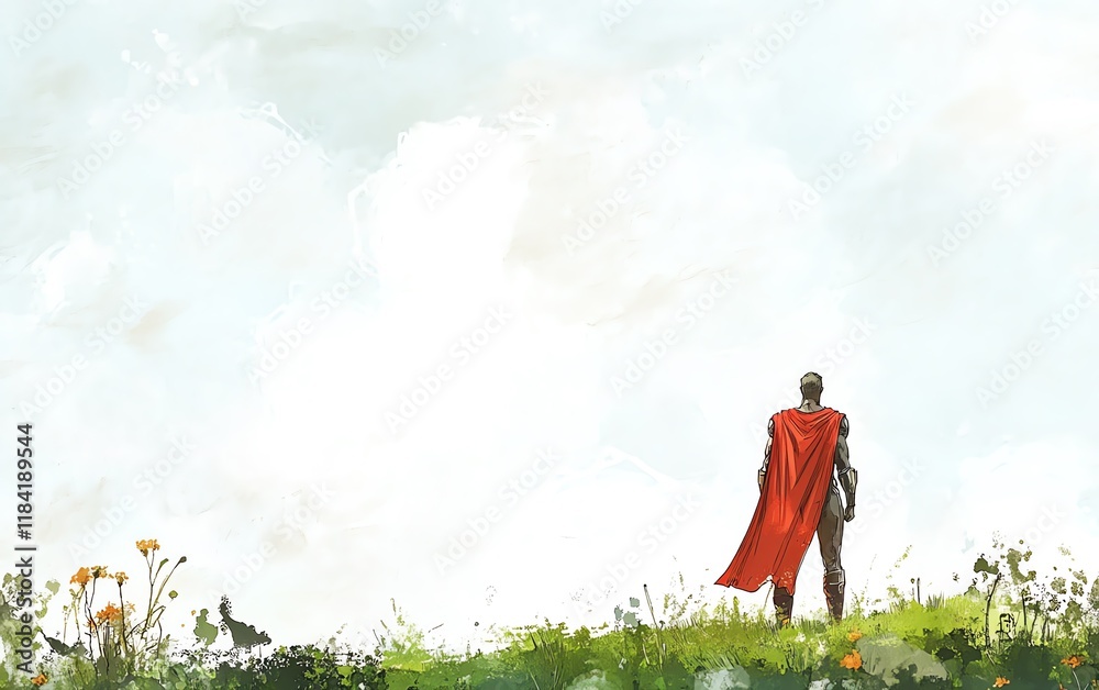 A lone superhero, back turned, stands on a grassy hill gazing at a bright, cloudy sky. Hope, solitude, and power are subtly conveyed. A lone superhero, back turned, stands on a grassy hill gazing at a bright, cloudy sky. Hope, solitude, and power are subtly conveyed.