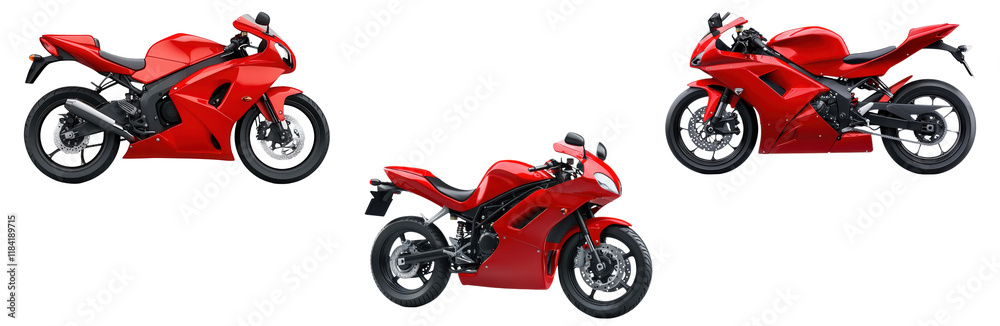 Set of red sport motorcycles with sleek designs, isolated on transparent background Set of red sport motorcycles with sleek designs, isolated on transparent background