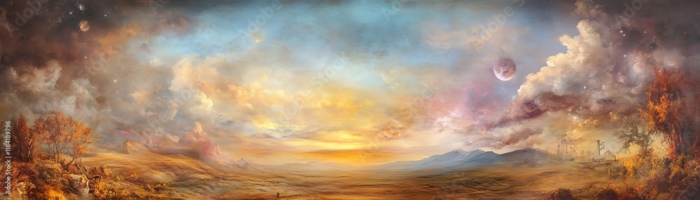 Fototapeta premium Dreamlike landscape painting. Golden sunset over a vast, colorful sky with fluffy clouds. Peaceful and serene.