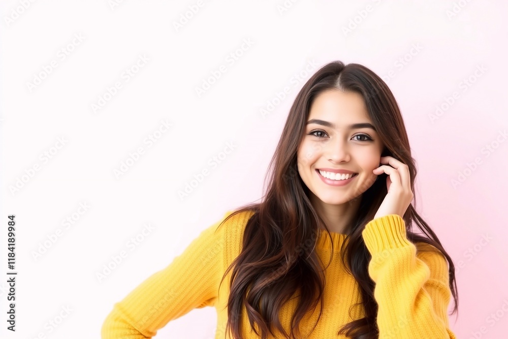 Fototapeta premium Smiling young brunette woman girl in yellow sweater posing isolated on pastel pink wall background, studio portrait. People sincere emotions lifestyle concept. Mock up copy space. Looking camera