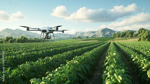 3D render of a drone watering crops in a field, highlighting efficient irrigation methods.