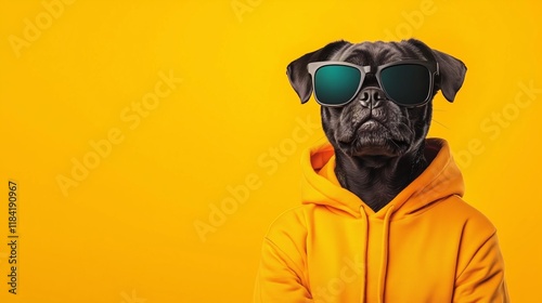 A black dog wearing sunglasses and a yellow hoodie on an isolated background, with copy space.
