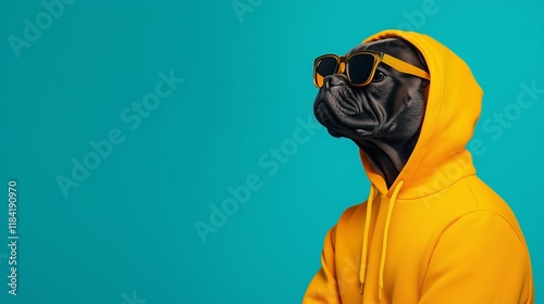 A cute black French bulldog wearing a yellow hoodie and sunglasses poses against a blue background, with copy space.