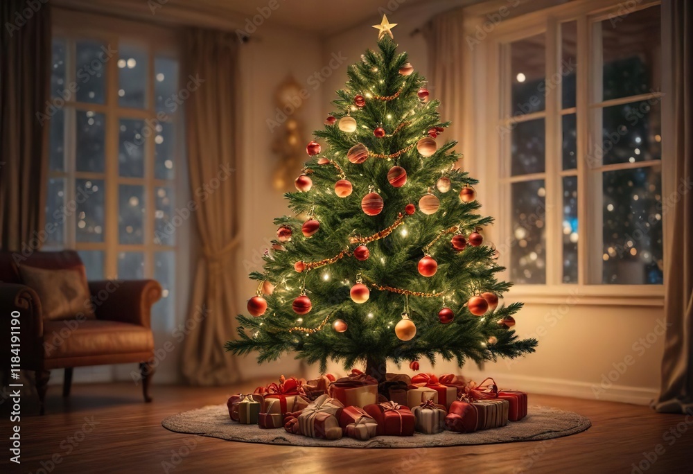 A beautiful Christmas tree with ornaments and a warm lighting, festive christmas tree, cozy room