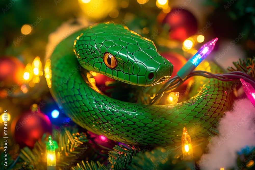 Fototapeta premium whimsical green snake playfully entangled in bright Christmas lights, celebrating the festivities of Chinese New Year 2025, creating a unique blend of traditions