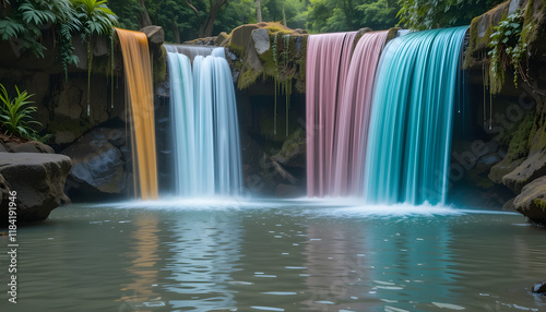 Multicolored waterfall cascading into a tranquil pool.
