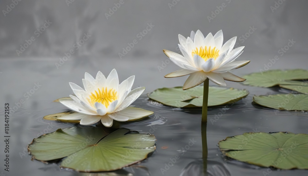 Delicate water lily blooms on a serene grey background, elegant simplicity , botanical photography, minimalist arrangement Delicate water lily blooms on a serene grey background, elegant simplicity , botanical photography, minimalist arrangement