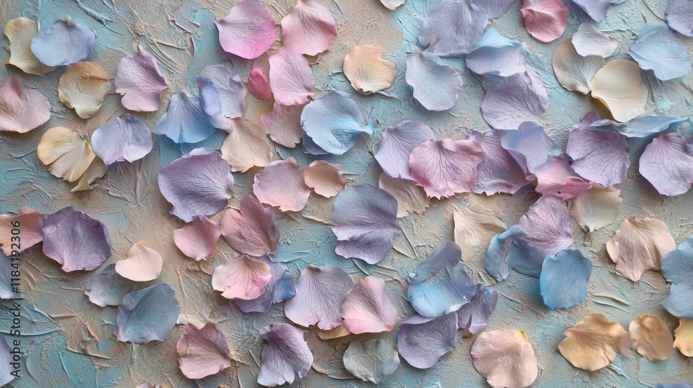 Obraz premium Delicate pastel petals in shades of blue, pink, and cream are artistically scattered across a muted mocha canvas, evoking tranquility and beauty in every hue