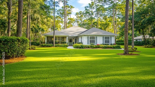 Ranch house with green lawn and lush trees.