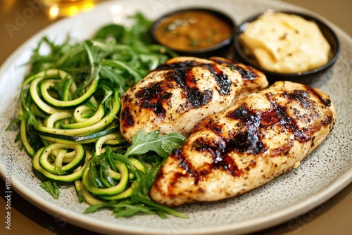 Grilled chicken breasts served with fresh greens and flavorful d photo