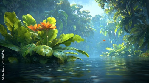 3D render of a thriving ecosystem with lush vegetation, a river, and mountains, showcasing biodiversity.