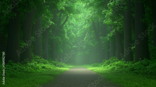3D render of a protected forest area with a pathway, sunlight, and lush greenery, promoting conservation.