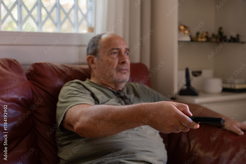 Fototapeta premium Retired man sad and bored watching television at home
