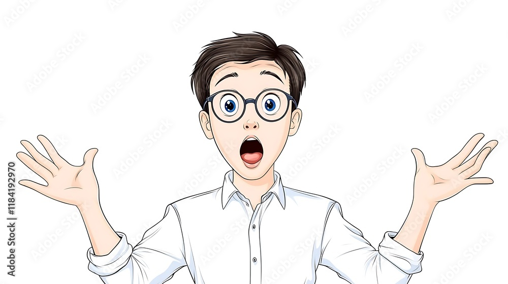 Surprised Young Man in Glasses Shocked Expression Open Hands Surprised Young Man in Glasses Shocked Expression Open Hands
