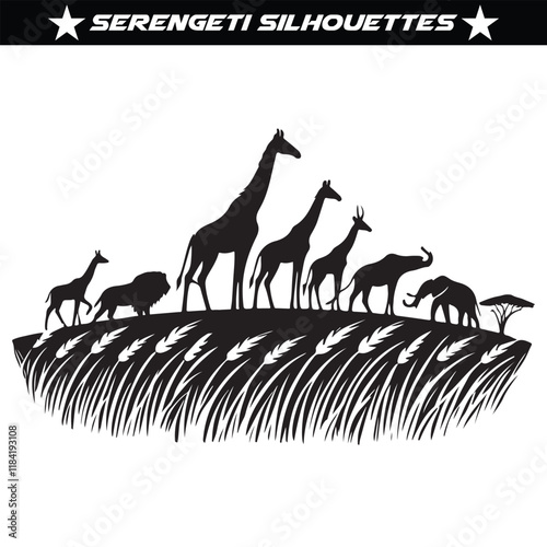Serengeti silhouette. Vector horizontal seamless tropical african savannah with lions, elephant, girrafe, vulture, heron, hyena, common warthog, common warthog, grey parrot, African ostrich.