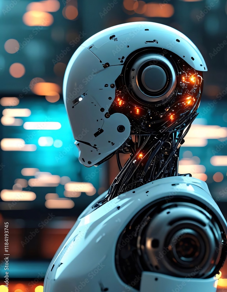 Robot head profile, city night, AI control room. Robot head profile, city night, AI control room.