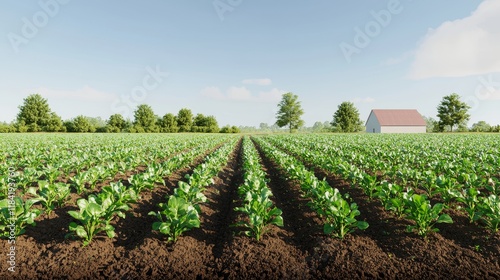 3D render of a farm with sustainable practices like solar panels and crop rotation, promoting eco-friendly agriculture.