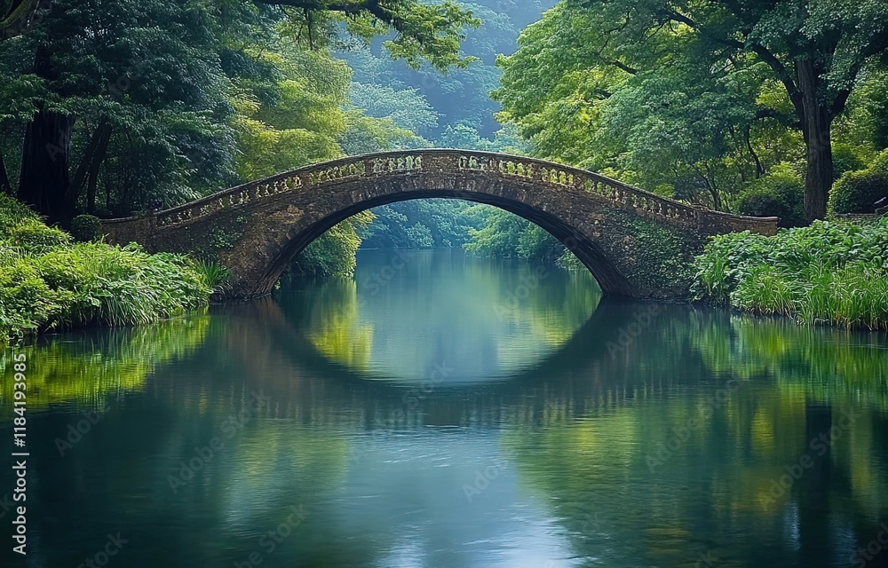 Fototapeta premium A photograph of an elegant stone bridge over the calm waters, surrounded by lush greenery and towering trees, reflecting in the clear water below.