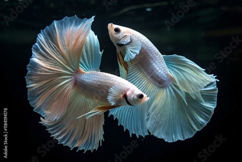 Dua ekor triple tail bettafish big ear pelangi halfmoon sedang berenang berpelukan  melingkar seperti penari balet dalam air bening dengan teknik slow speed dan pencahayaan rembrant photo