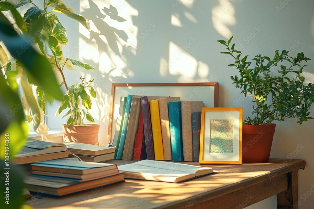 Sunlight Illuminates Books and Plants on Wooden Desk, Creating a Serene Atmosphere for Reading and Relaxation. Sunlight Illuminates Books and Plants on Wooden Desk, Creating a Serene Atmosphere for Reading and Relaxation.