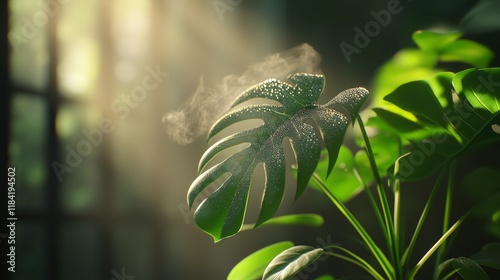 3D render of a plant in a humid environment with water droplets, illustrating the effects of high humidity.