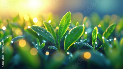 3D render of a plant with its leaves glistening with water droplets, capturing the beauty of transpiration.