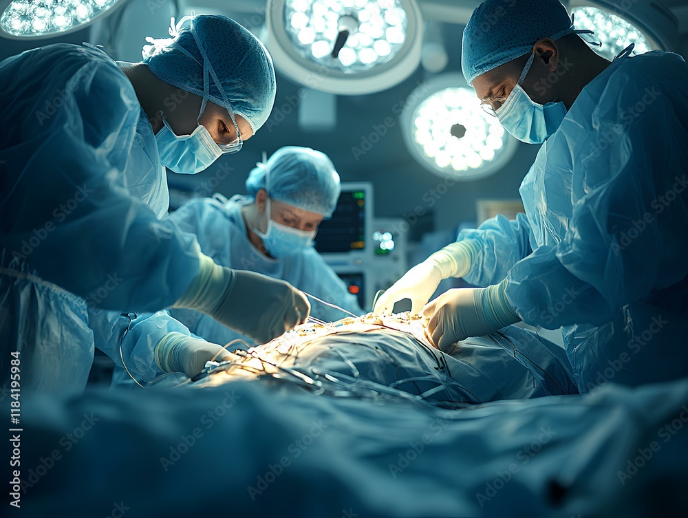 The image shows an operating room in a military hospital, where surgeons in full protective gear perform an emergency procedure. Bright surgical lights focus on the operating table, casting the room