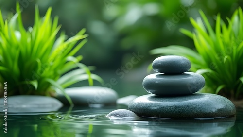 Serene Zen Garden, Tranquil Grey Stones, Lush Green Plants, and Calm Water - Peaceful Meditation Concept