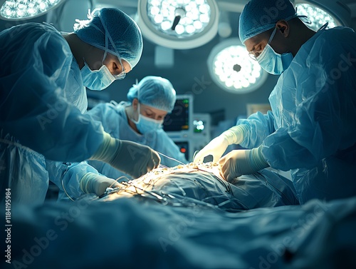 Obraz na płótnie The image shows an operating room in a military hospital, where surgeons in full protective gear perform an emergency procedure. Bright surgical lights focus on the operating table, casting the room w salonie